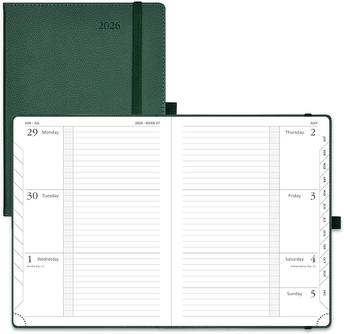 POPRUN 2026 Weekly Planner (Medium 6.75" x 8.75") 12 Months Calendar Notebook with Horizontal Layout, Leather Hardcover, Inner Pocket, 100GSM Thick Paper, Pen Holder - Army Green