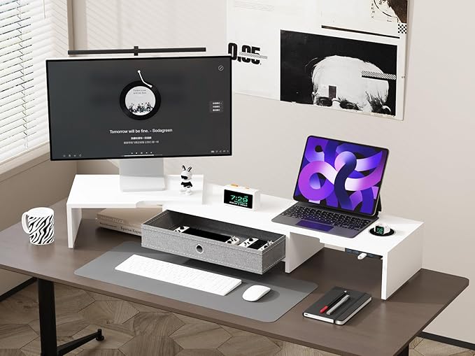 Monitor Stand with Drawer, Dual Monitor Stand Riser with Adjustable Length and Angle, Computer Stand, Desk Organizer for PC Monitor/Laptop/MacBook