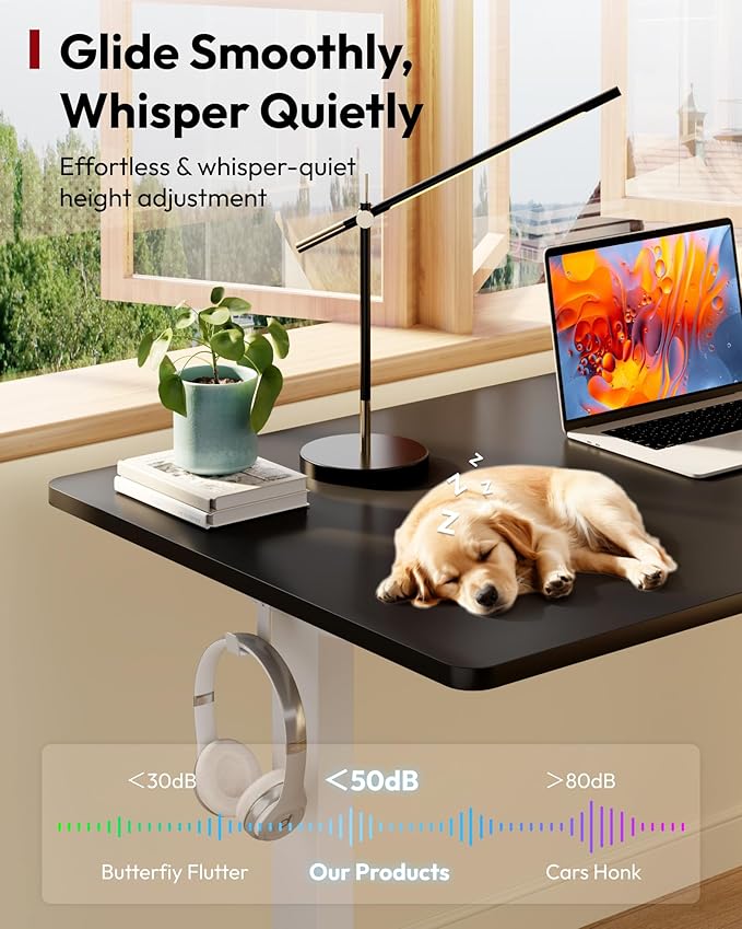 SANODESK Electric Standing Desk 55 x 28 Inches Whole-Piece Desktop Height Adjustable Stand Up Desk w/6-Button Controller Ergonomic Computer Desk for Home Office, White Frame + Black Tabletop