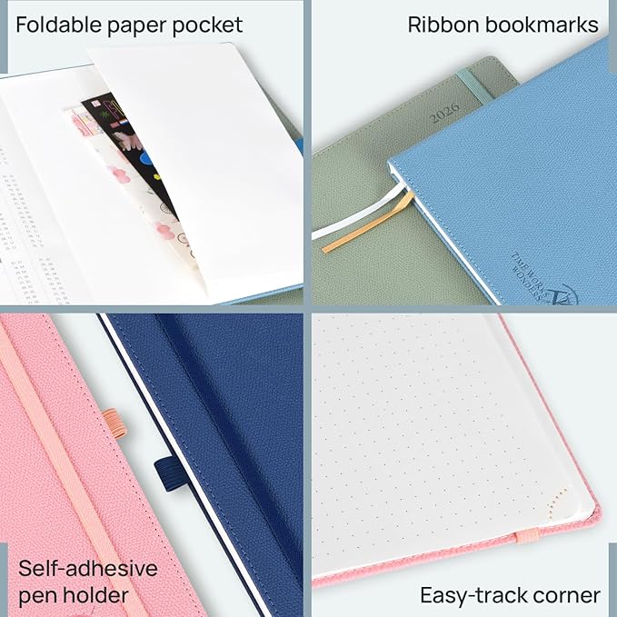 POPRUN Weekly Planner 2026 Calendar (Pocket 4'' x 6.25'') 12 Months Notebook with Horizontal Layout, Leather Hardcover, Inner Pocket, 100GSM Thick Paper, Pen Holder - Black