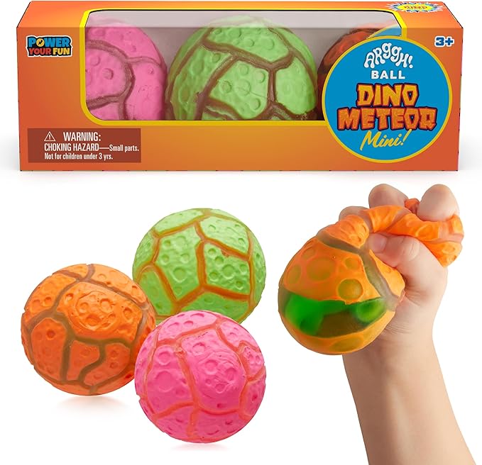 Power Your Fun Arggh Meteor Mini Stress Balls for Kids and Adults - 3pk Squishy Stress Balls Sensory Toys with Dinosaur, Squishy Ball Fidget Toys Tension Relief Squeeze Toy (Pink, Orange, Green)
