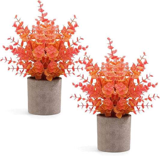2 Pack Fall Small Fake Plants Eucalyptus Potted Artificial Plants Fall Decorations for Home Shelf Office Bathroom Desk Farmhouse Room Coffee Table Decor Fall Decor (Fall Orange)
