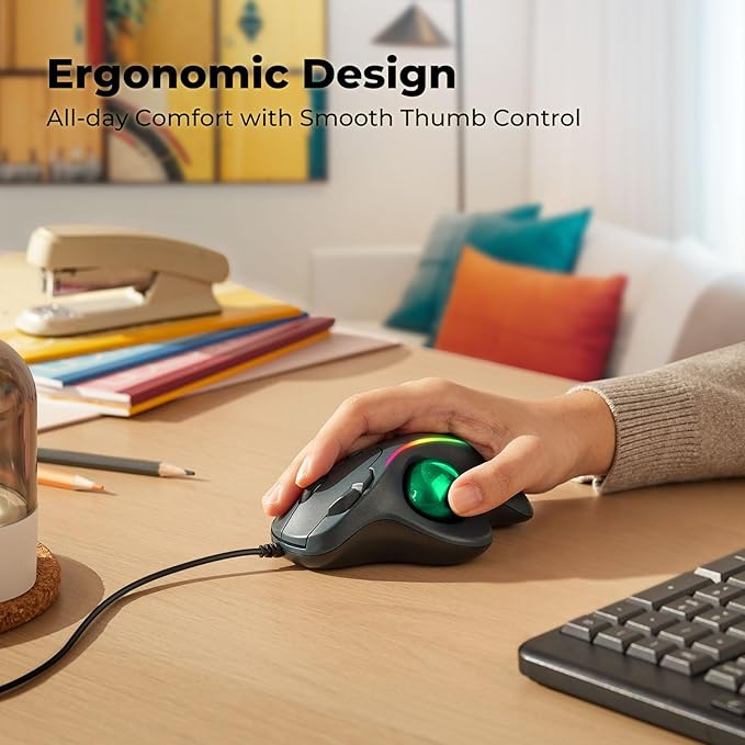 Wired Trackball Mouse with RGB Lighting, Ergonomic Thumb Control to Reduce Muscle Strain, 5 Adjustable DPI, Dual USB-C & USB-A Connectivity, Compatible with PC, Laptop, Mac, Windows-Green