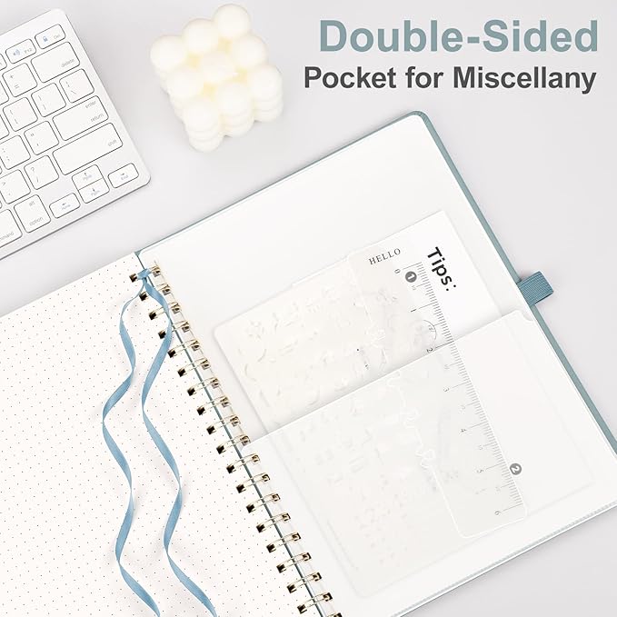 AHGXG Bullet Dotted Journal Spiral Notebook, Large B5 Dotted Notebook 140 Pages, Leather Hardcover, 100 GSM Thick Dot Grid Paper, Inner Pocket, for Bullet Journaling, 7.6" x 10", GrayBlue