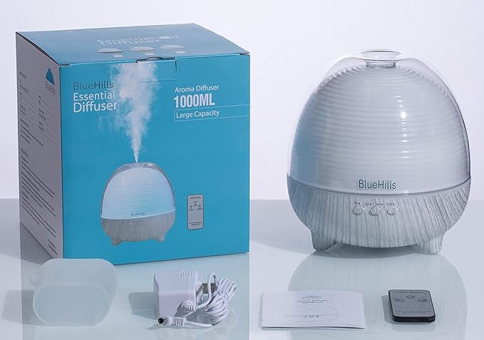 BlueHills Premium 1000 ML Large XL Essential Oil Diffuser with Remote Aroma Humidifier for Large Room Home Long Run Time Huge Coverage Area Lights High Mist Output Big Capacity White Wood Grain N1