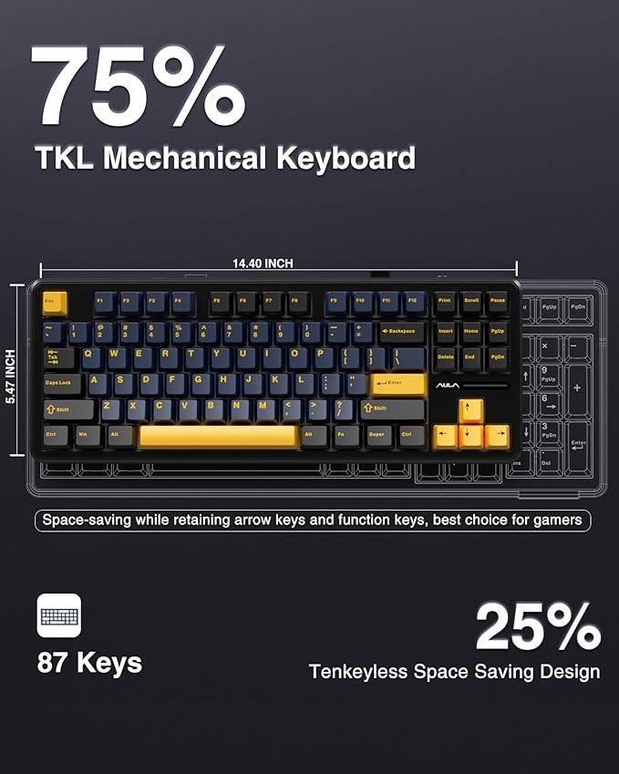 AULA F87 Wireless Mechanical Keyboard, 75% TKL Custom Hot Swappable Gaming Keyboards with PBT Keycaps, Pre-lubed Greywood Switches, RGB Backlit Creamy Keyboard, 2.4GHz/USB-C/BT5.0