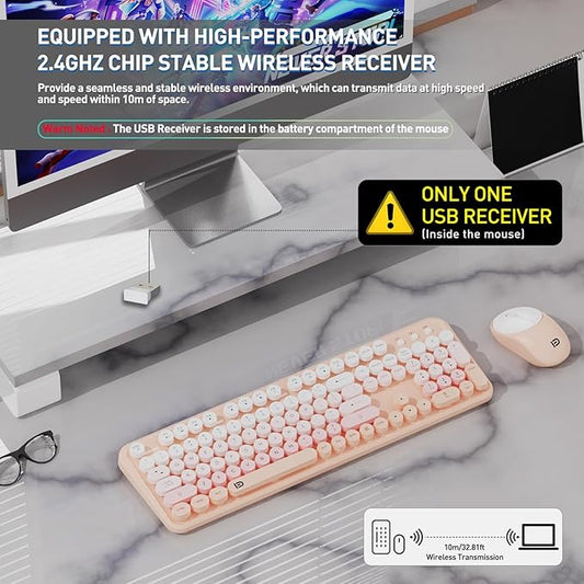 FOPETT 2.4GHz Wireless Keyboard and Mouse Set with Switch Button - Full-Size Keyboard - Compatible for Windows/Laptop/PC/Notebook/Smart TV and More - Pink