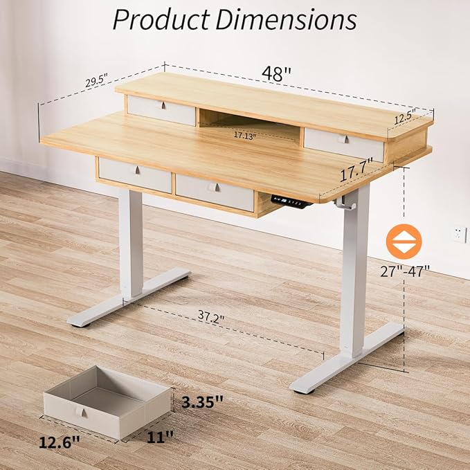 Standing Desk with Fast Charging USB Ports, 48" x 30" Height Adjustable Home Office & Gaming Desk, Sit Stand Desk with Built-in Storage Shelf, Hook & Ergonomic Design(Maple)