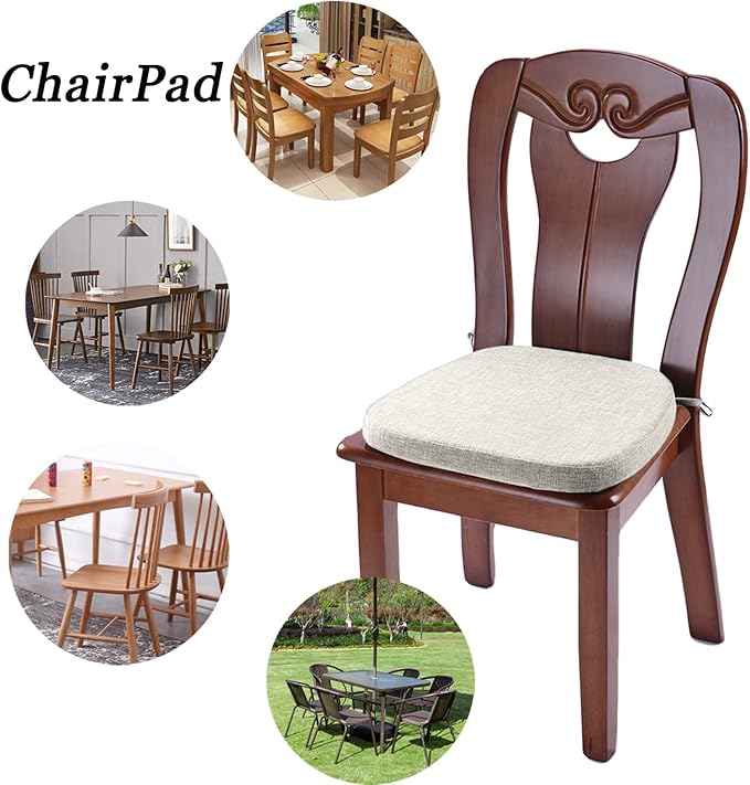 Chair Cushion with Ties for Dining Chairs - Memory Foam Non Slip Kitchen Chair Pad and Dining Seat Cushion with Machine Washable Cover Set of 4 [16.5 x 16.2 Inches] (Light Beige, 4)