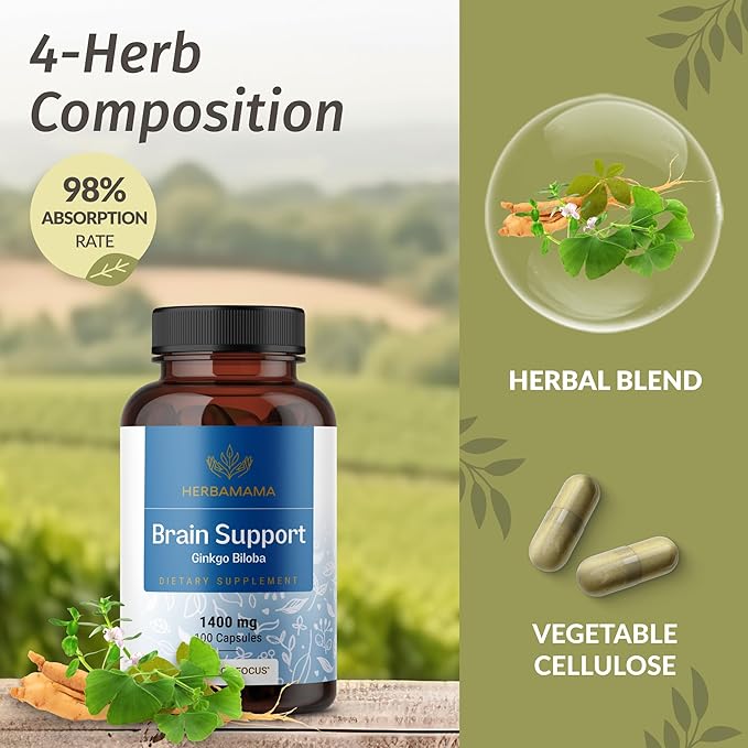 HERBAMAMA Brain Support Capsules - 1400mg Brain Support Supplement for Adults with Bacopa, Panax Ginseng and Ginkgo Biloba - Vegan, Non-GMO Focus Supplement, 100 Caps