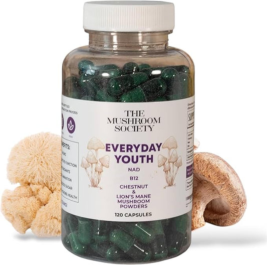 Everyday Youth - Anti-Aging Supplement - Brain & Cellular Energy Formula – Lion’s Mane, Chestnut, NAD, B12 + Beta-Glucans - 120 Vegan Capsules