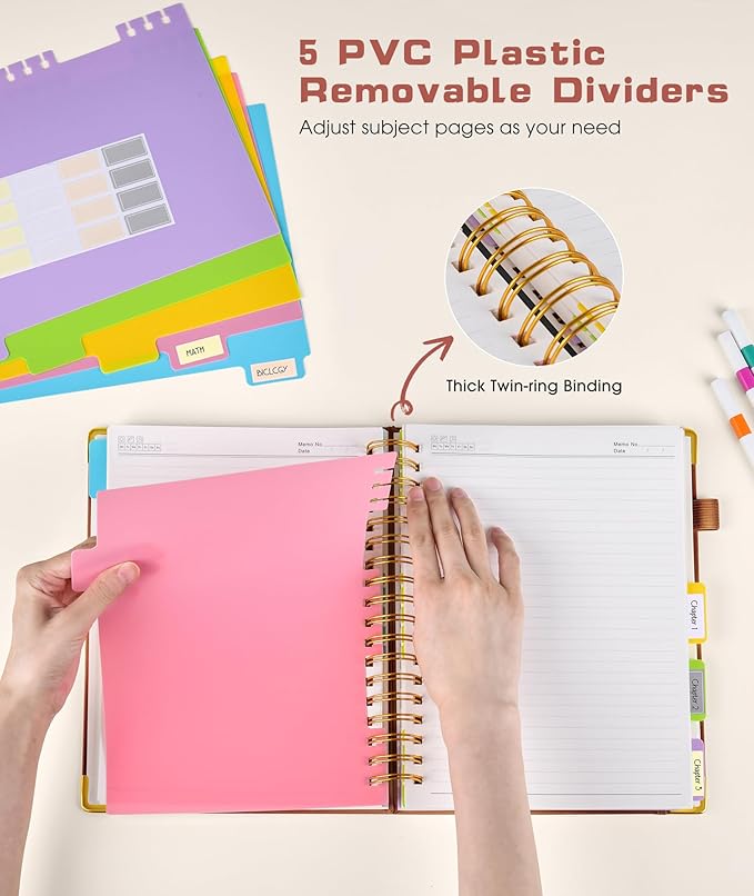 Hardcover Spiral Notebook journal with Removable Dividers Tabs, 300 Pages Leather 5 Subject Notebook College Ruled,A5 Notebooks for Work School Note taking,Lined Journal for Women,A5 Light Brown