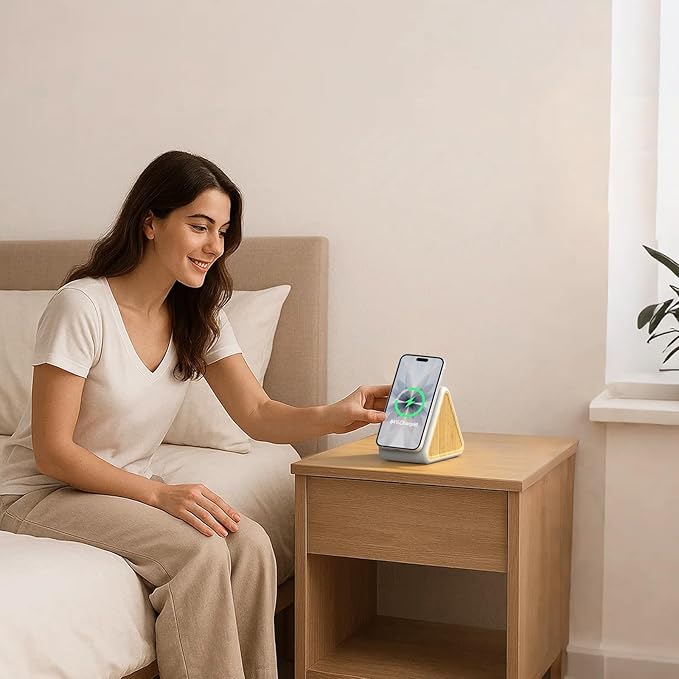 Housbay Sound Machine with Magnetic Wireless Charger for iPhone,2-in-1 Design for Clutter-Free Nightstand,Dual-Speaker Stereo Sound for Sleeping - White Oak