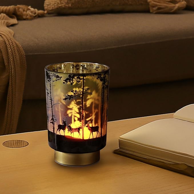 Eywamage Battery Operated Table Lamp with Remote, Forest Deer Cordless Glass Lamp for Bedroom Living Room Kitchen