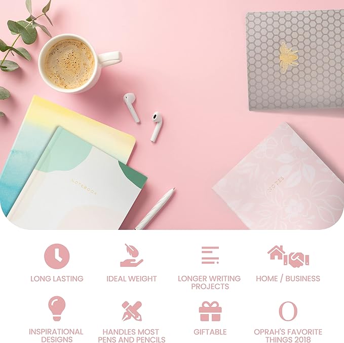 Eccolo Large Lined Journal Notebook, Hardbound Cover, Writing Journal, 256 Ruled White Pages, Ribbon Bookmark, Lay Flat, Desk Size for Work or School, Gold Foil Marble (Pink, 8x10 inches)