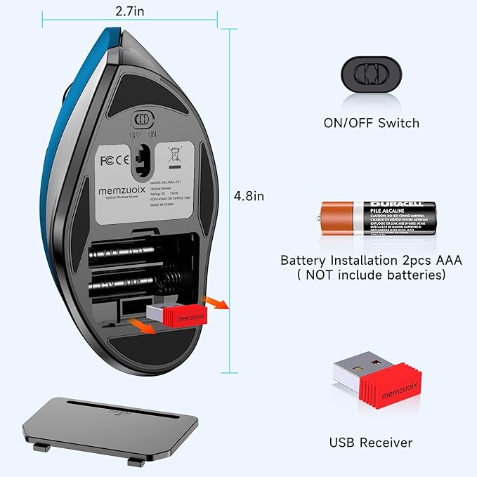 memzuoix Ergonomic Vertical Wireless Mouse - 2.4G Optical Cordless Mice with 3 DPI Levels (800/1200/1600) - Right-Handed Large Size Mouse for Laptop, Mac, PC, Desktop-Blue