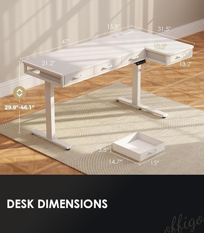 OffiGo 63 Inch L Shaped Electric Standing Desk with Drawers, Height Adjustable Large Desk with Power Outlets, Sit Stand Table, Writing Computer Desk for Home, Office, Workstation,White