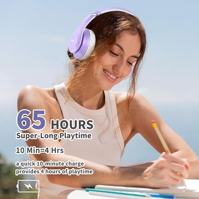 Uliptz Wireless Bluetooth Headphones, 65H Playtime, 6EQ Sound Modes, HiFi Stereo Over Ear Headphones with Microphone, Foldable Bluetooth 5.3 Headphone for Travel/Office/Cellphone/PC (Purple)