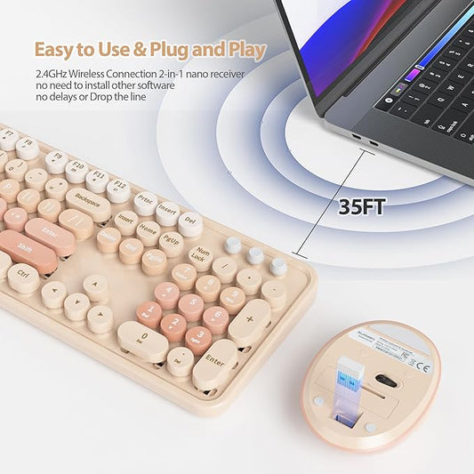 Fogruaden Retro Typewriter Keyboard and Mouse Wireless, 2.4GHz Office Full-Sized Colorful Computer Keyboard with Number Pad and Cute Mouse for Windows PC Desktops Laptop