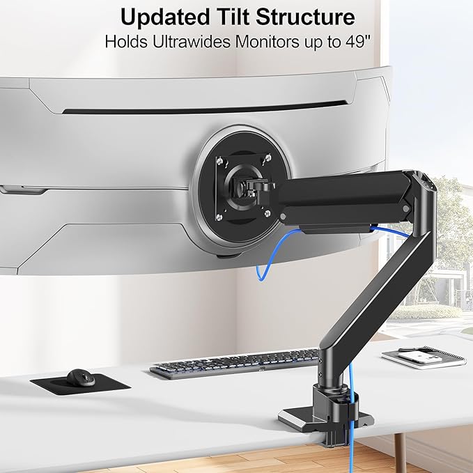 Heavy Duty Monitor Mount for Max 49 inch Ultrawide Screens, Hold 2.2 to 44 lbs, Premium Single Monitor Arm for Samsung Odyssey G9 and More, Adjustable Gas Spring Desk Stand, VESA Mount