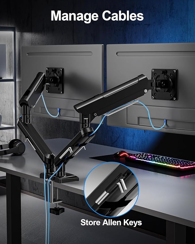 Dual Monitor Arm for 17-32 Inch Computer Screens, 22lbs per Arm, Full Motion Monitor Desk Mounts for 2 Monitors, Gas Spring Desk Mount, VESA Mount, Freelift Pro
