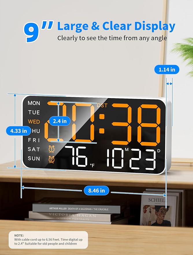 MASHI 8.4''Large Digital Wall Clock, Led Alarm Clock with Big Digits, Date, Temperature, DST, Modern Decor Design for Desk,5-Level Brightness for Room, Bedroom, Gift, Yougster and Elderly