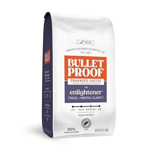 Bulletproof The Enlightener Ground Coffee, 10 Ounces, Medium-Dark Roast Enhanced Coffee with L-Theanine, Panax Ginseng and Gingko Biloba, Supports Mental Clarity, Focus, and Memory