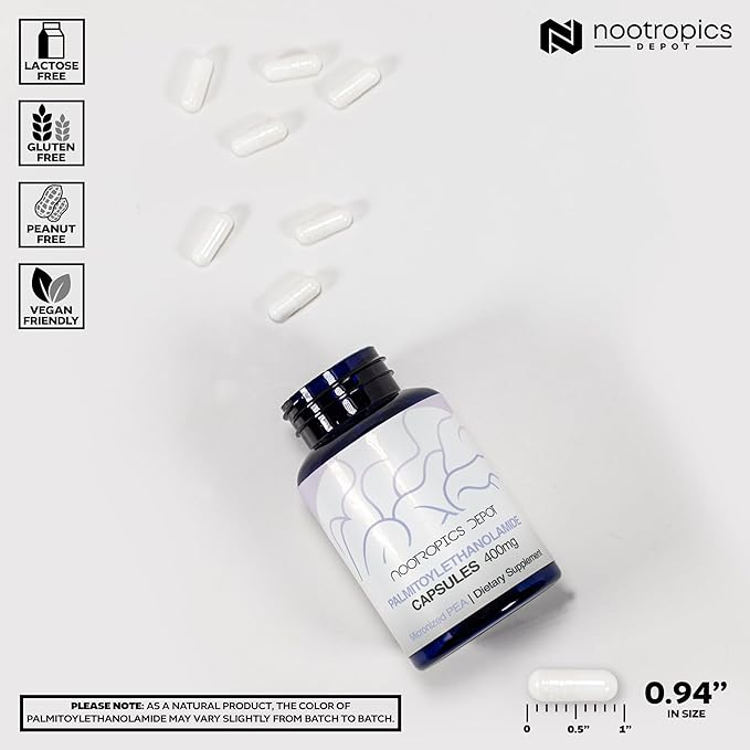 Nootropics Depot Palmitoylethanolamide Capsules | Pea | 400mg Pills | 30 Count | Supports Discomfort Relief | Promotes Joint Function