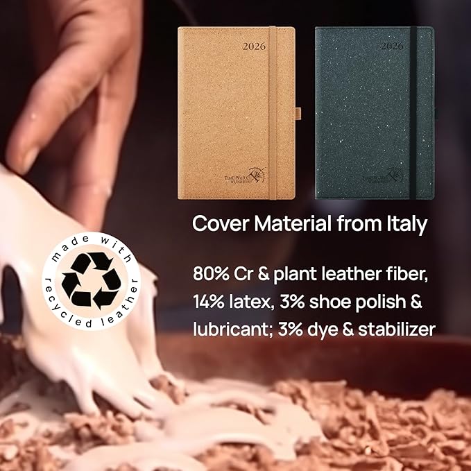 POPRUN 2026 Recycled Daily Planner 12 Months (A5 Medium Size 5.75'' x 8.5'') - One Page Per Day Calendar Hourly Appointment Book with Italian Regenrated Leather, Monthly Tabs, Pocket - Desert Brown