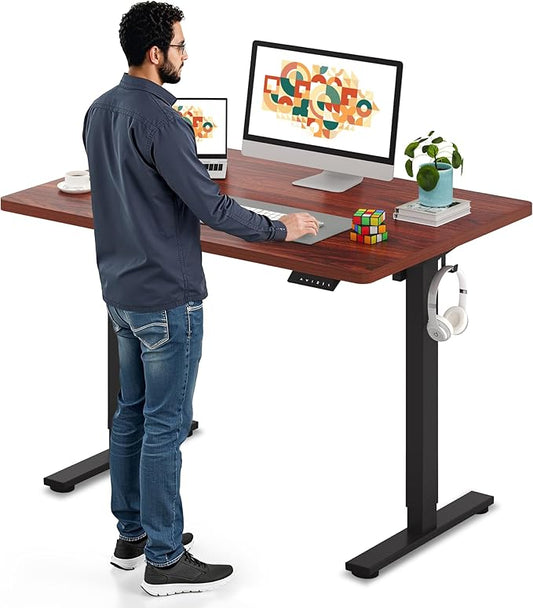 SANODESK Electric Standing Desk 48 x 30 Inches Whole-Piece Desktop Height Adjustable Stand Up Desk w/6-Button Controller Ergonomic Computer Desk for Home Office, Black Frame + Mahogany Tabletop