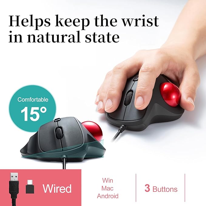 SANWA Wired Ergonomic Trackball Mouse, Optical Vertical Rollerball Mice, Silent Buttons, 34mm Trackball, 600/800/1200/1600 DPI, Compatible with MacBook, Laptop, Computer, Windows, macOS, Red