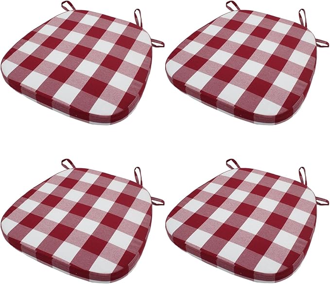 Plaid Chair Cushions with Ties for Dining Chairs - Memory Foam Non Slip Kitchen Chair Pad and Seat Cushion with Machine Washable Cover [16.5 x 16.2 Inches] - (Red White,4)