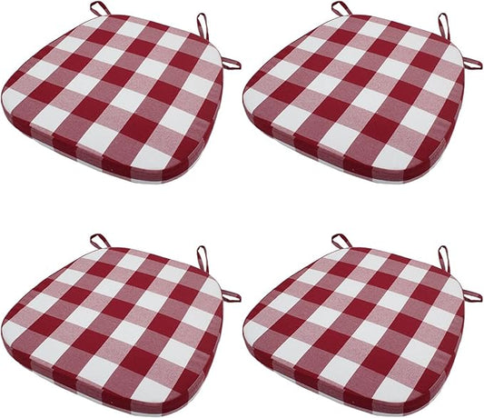 Plaid Chair Cushions with Ties for Dining Chairs - Memory Foam Non Slip Kitchen Chair Pad and Seat Cushion with Machine Washable Cover [16.5 x 16.2 Inches] - (Red White,4)