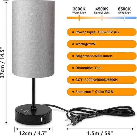 Ascher RGB Table Lamp Color Changing - 3 Color Temperatures and Stepless Dimmable Small Bedside Lamp for Bedroom, Touch Control Nightstand Light with Grey Shade for Reading Home Decor Lights