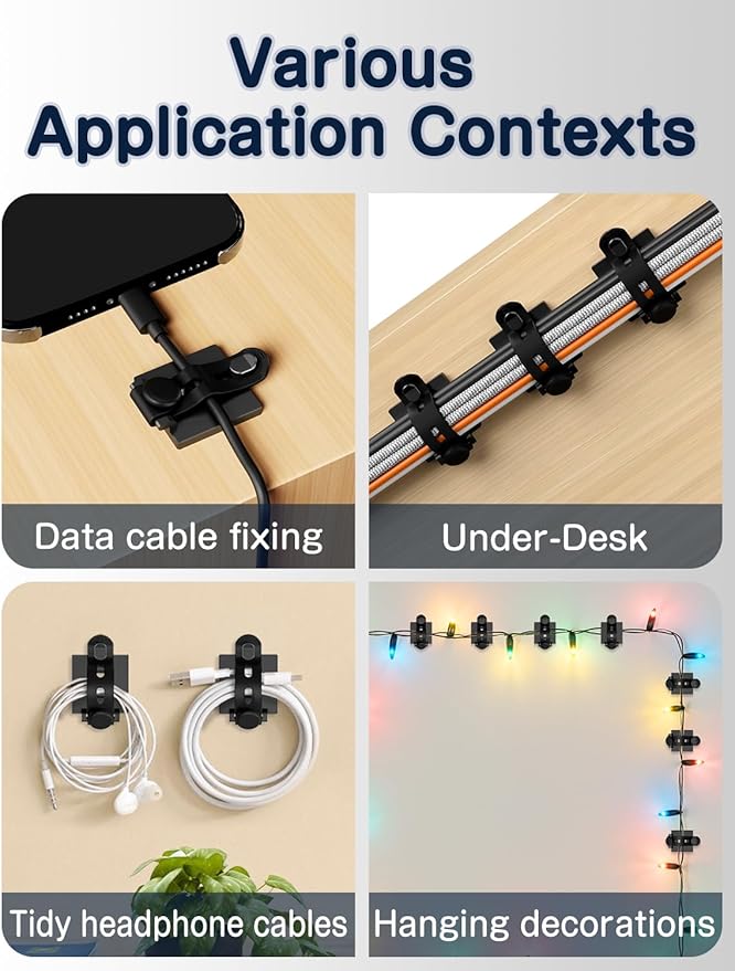 10-Pack Adjustable Cable Clips,Viaky Cable Management,Under Desk with Adhesive Mounts Cable Ties,Multi-Purpose Cable Tidy Clips,Cord Holders for Hanging Desk Car Wall