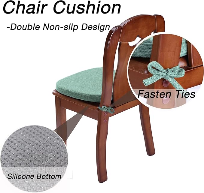 4 Pack Kitchen Chair Cushions with Ties - Memory Foam No Slip Seat Cushion and Dining Room Chair Pad with Machine Washable Cover [16.5 X 16.2 Inches] - (Lake Green,4)