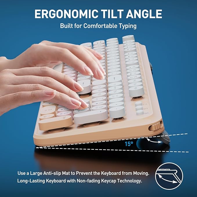 Wireless Keyboards Mouse Combos, Colorful Cute Typewriter Full-Size Retro Round Keycaps, 2.4GHz Cordless Sleep Mode Office Quiet Wireless Keyboard and Mouse Set for Desktop Laptop PC Computer