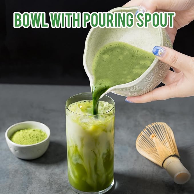 Matcha Whisk Set - 7 PCS Matcha Kit, Matcha Set for Making Breakfast Green Tea Lattes - Matcha Bowl with Spout, Matcha Whisk Holder - Gift for Tea Beginner, Friend, Daughter, Family