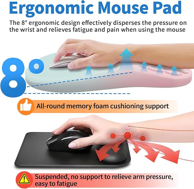 Ergonomic Mouse Pad with Wrist Rest Support, Mousepad with Comfortable Memory Foam Wrist Rest and Non-Slip PU Base for Pain Relief, Computer, Laptop, Office, Home (Blue and Pink Contrast)