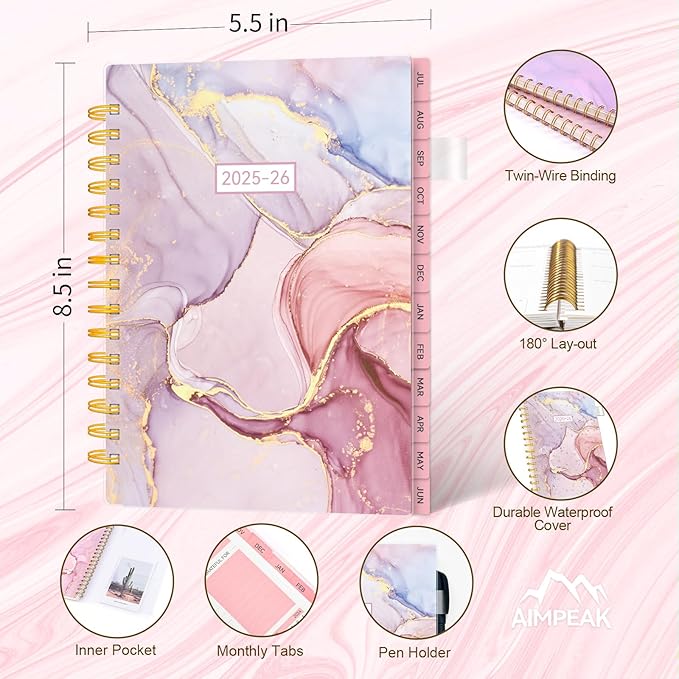 Planner 2025-2026-Weekly and Monthly, Academic Planner 2025-2026 run from Jul.2025 - Jun.2026, Planners 2025-2026 for Women, AIMPEAK Daily Calendar Planners for Teacher & Student, Monthly Tabs, Pink Marble, 5.5"x8.5"