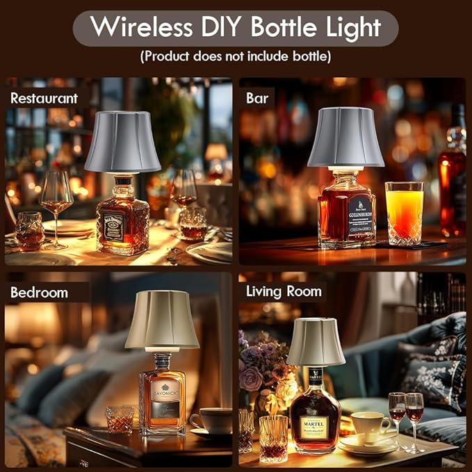 WILIT Wireless Bottle Lamp for Liquor Bottles, Dimmable Cordless Table Lamp Shades, Battery Operated Night Light for Bedroom, Home Bar Decor, Living Room, Dinning, Party, Women Gifts, Men Gifts