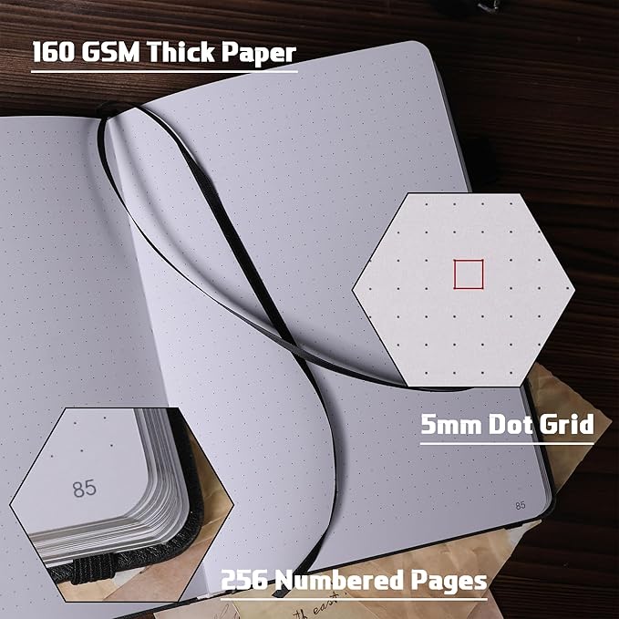 TIEFOSSI Bullet Dotted Journal Notebook, 160gsm 256 Numbered Thick Paper, A5 Hardcover Dotted Grid Diary for Women Men Work Writing, Bullet Dot Journaling, Drawing, 5.8 x 8.3 in