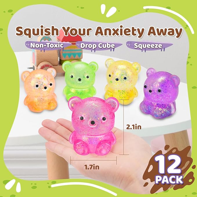 12Pack Fidget Toys Squishy ，Cute Bear Squeeze Ball , Stress Balls for Stress Relief，Pull Stretch Classroom Prize Party Favors Toys for Kids
