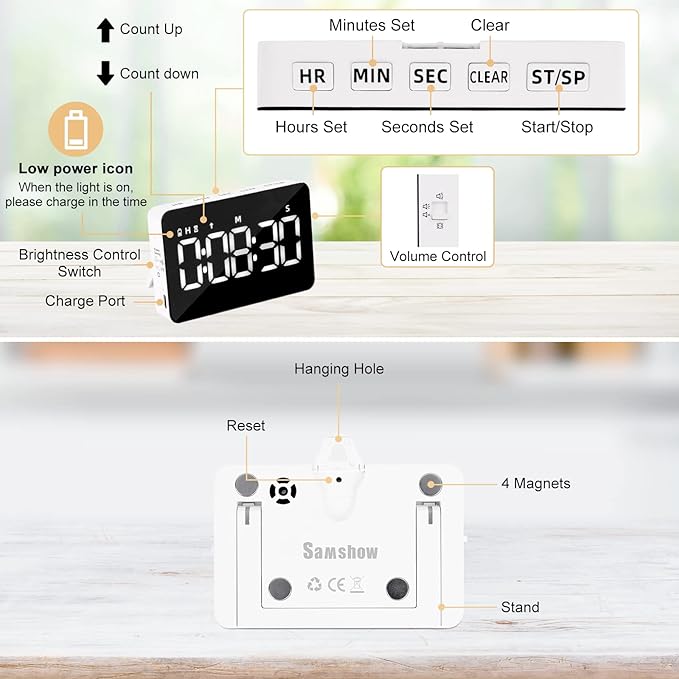 Rechargeable Digital Kitchen Timer for Cooking, Magnetic Timers with Countdown/up, Kids Timer with 5”LED Display 3 Brightness 4 Volume Adjustable for Classroom/Office/Home/Work/Study/Fitness/Game