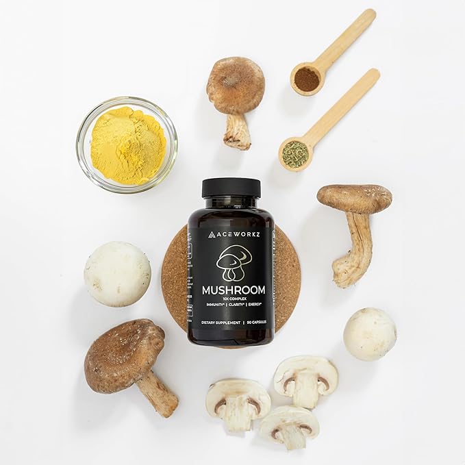 ACEWORKZ 10 Mushroom Complex Supplement - Lion’s Mane, Reishi, Cordyceps & More - Brain Health, Memory & Focus Nootropic - Energy & Immune Support (90 Capsules)