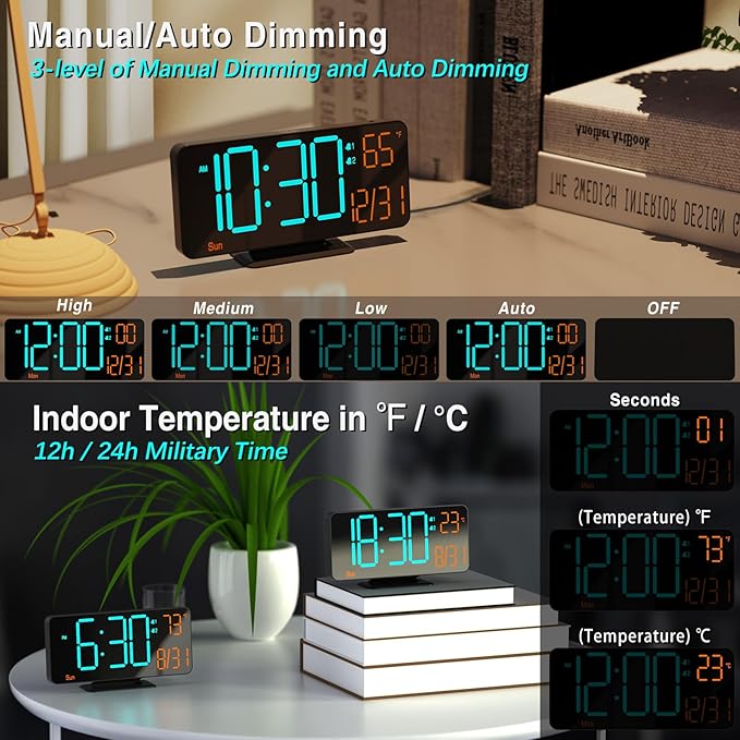 KOSUMOSU Alarm Clocks for Bedrooms, 6.7" Black Small Digital Clock LED, Desk Alarm Clock with Auto Dimming,Seconds, Day of Week, Indoor Temperature,Clocks for Living Room