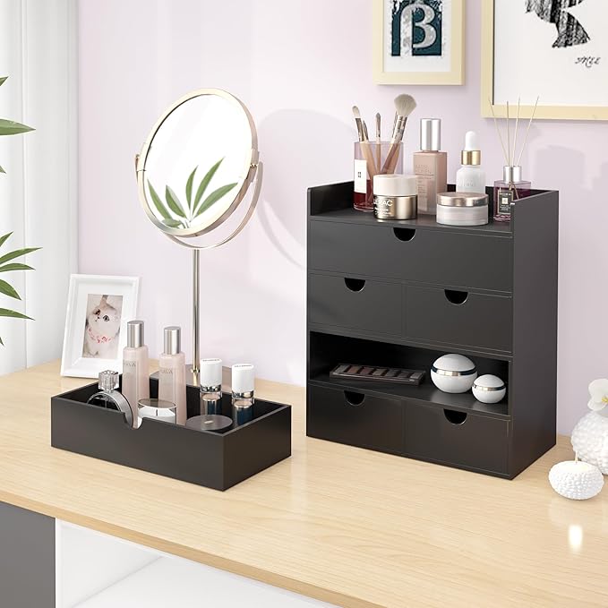 Bamboo Desk Organizer with Drawers Desktop Storage Drawers for Bills Office Supplies Kitchen Utensils Organizing Tool for Home Classroom Organization No Assembly (Black)