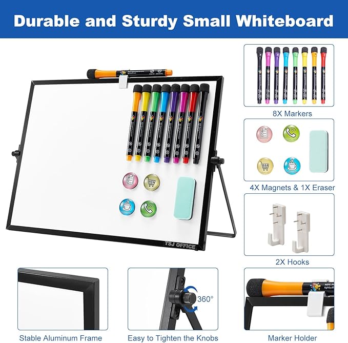 TSJ OFFICE Dry Erase White-Board - 12 X 16 Inches Portable Small Magnetic Whiteboard with Hooks for Wall, Mini Desktop Whiteboard 360 Degrees Revolving Double Sided Stand for Office, Home, School