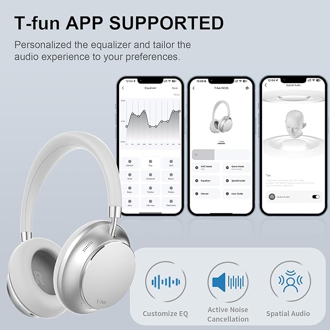 T-fun NC35 Hybrid Active Noise Cancelling Headphones, 360° Spatial Audio with Head Tracking, Over Ear Headphones Wireless Bluetooth 5.3, 55H ANC Playtime, Deep Bass, Custom EQ via App, for Travel Home