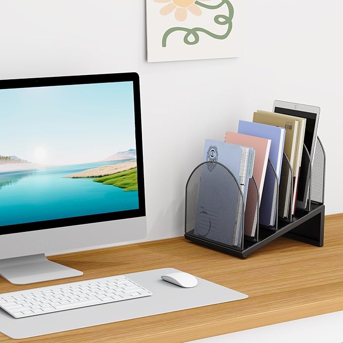 5-Section Desk File Organizer, Metal Mesh Folder Organizer for Documents, Mail & Office Papers (Black)